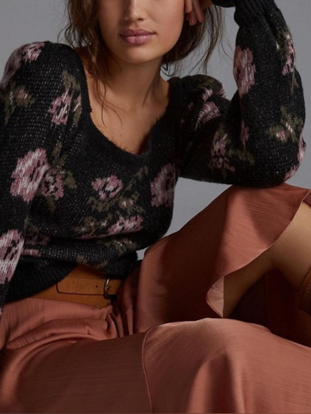 Anthropologie Floral Square Neck Puff Sleeve Sweater Black S